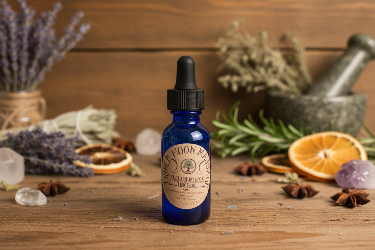 Blue dropper bottle with a label on a green background