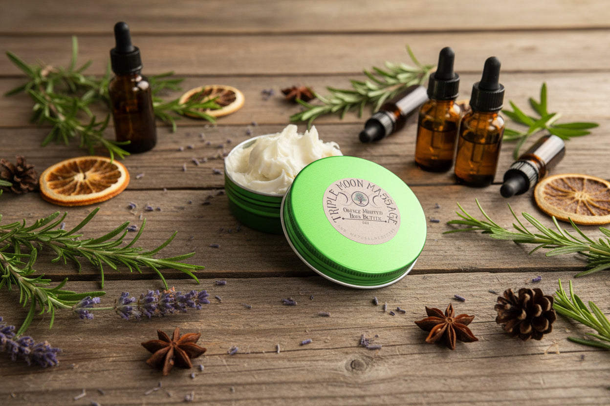 Green container of body butter with a label on a light gray background