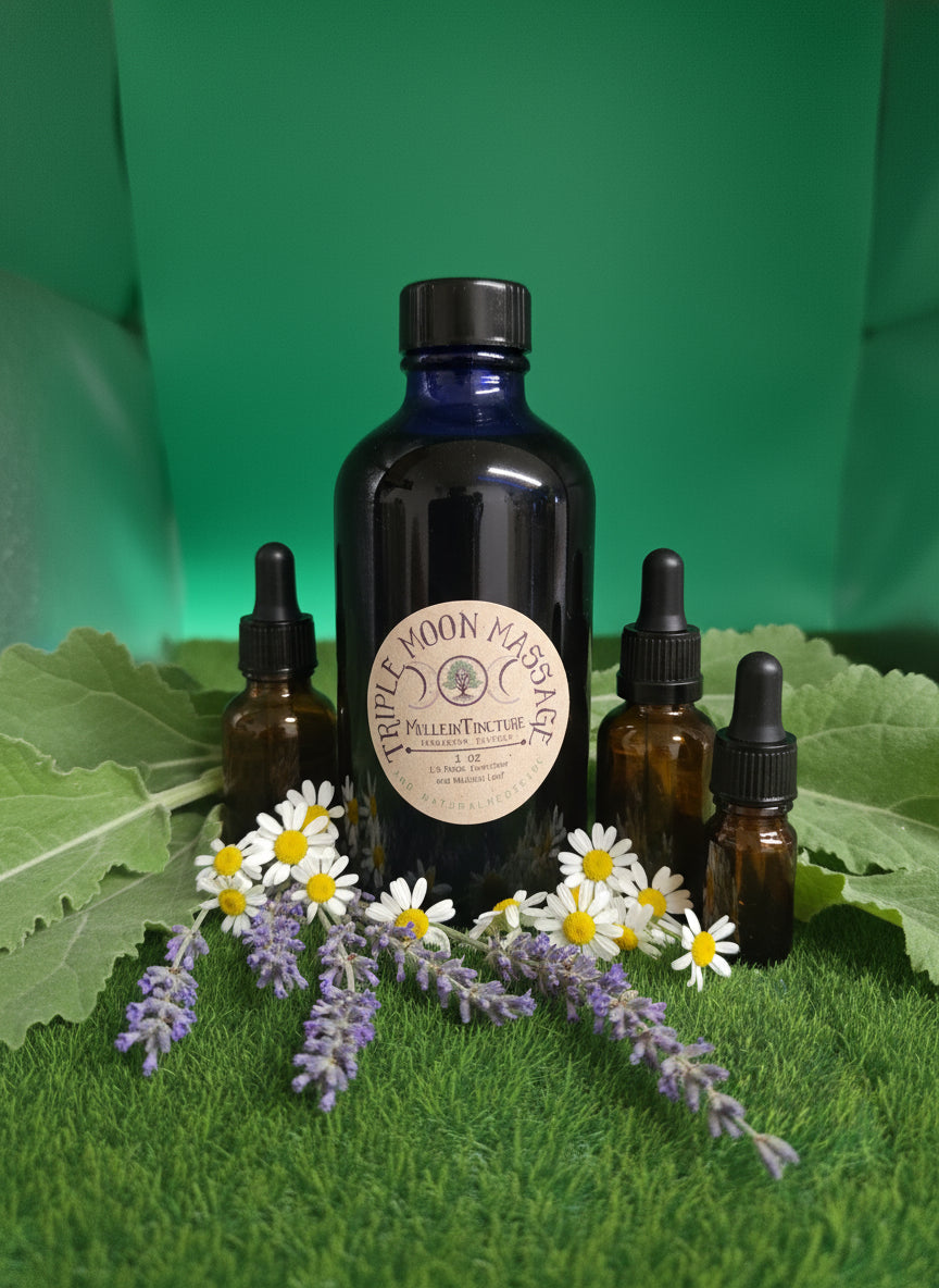Bottle of Triple Moon Massage oil with a label on a green background