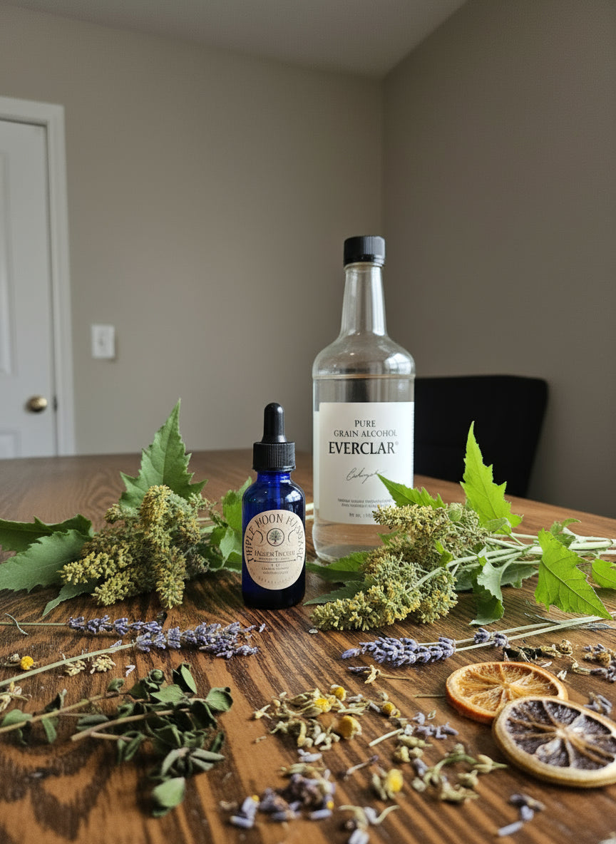 Bottle of Everclear on a wooden table with herbs and flowers