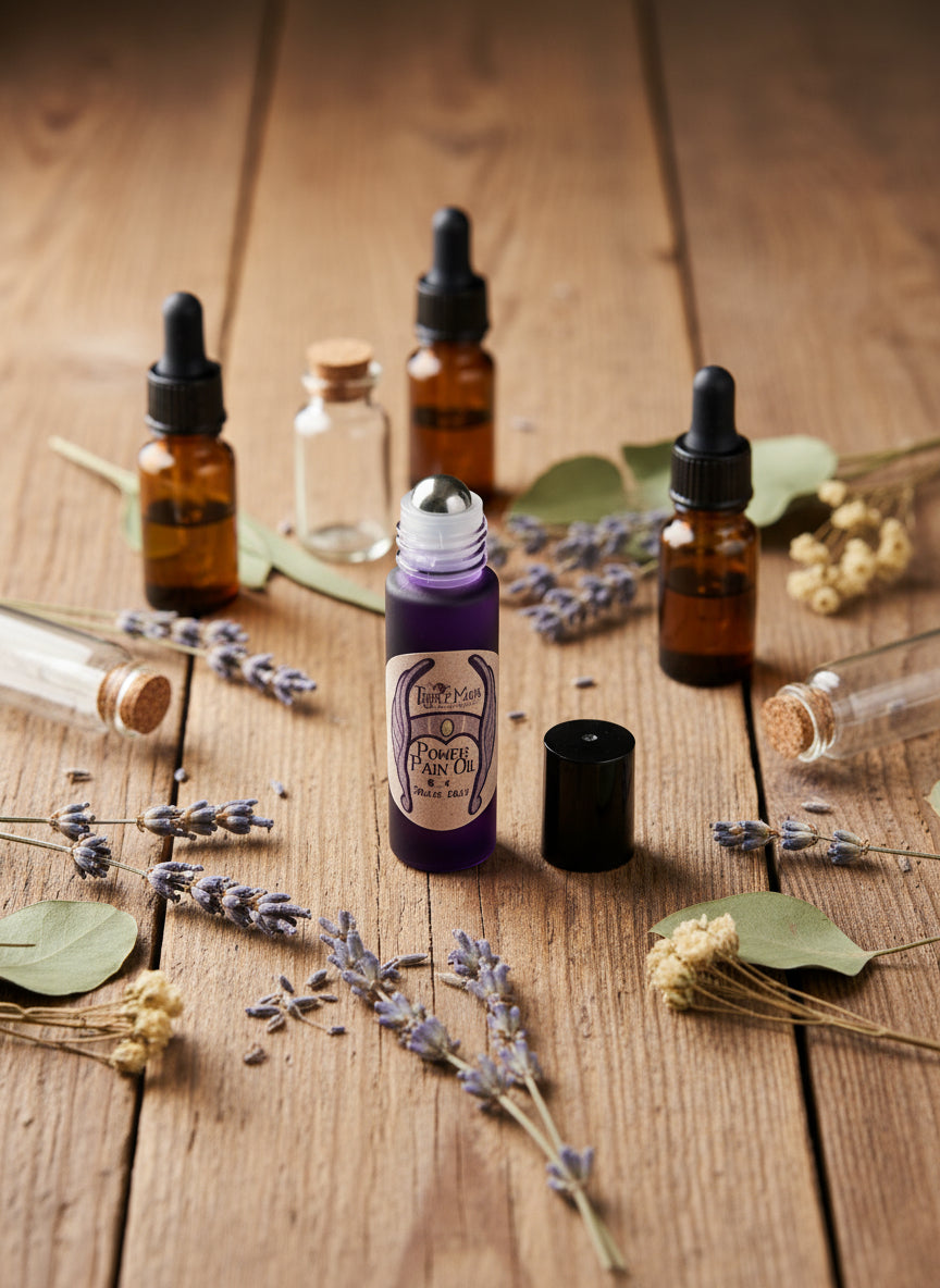 Small black and silver bottle with a label on a green background