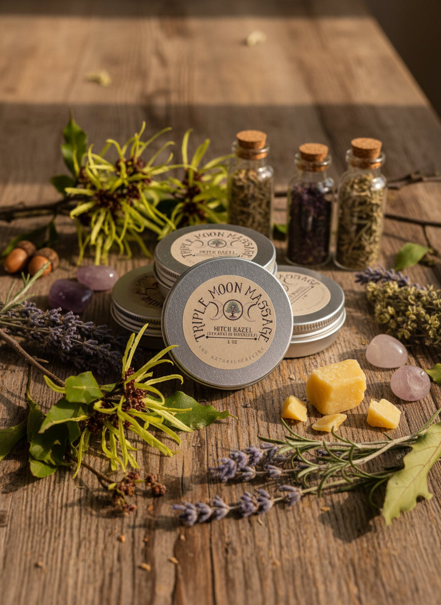 Three containers of 'Moon Massage' product on a green background