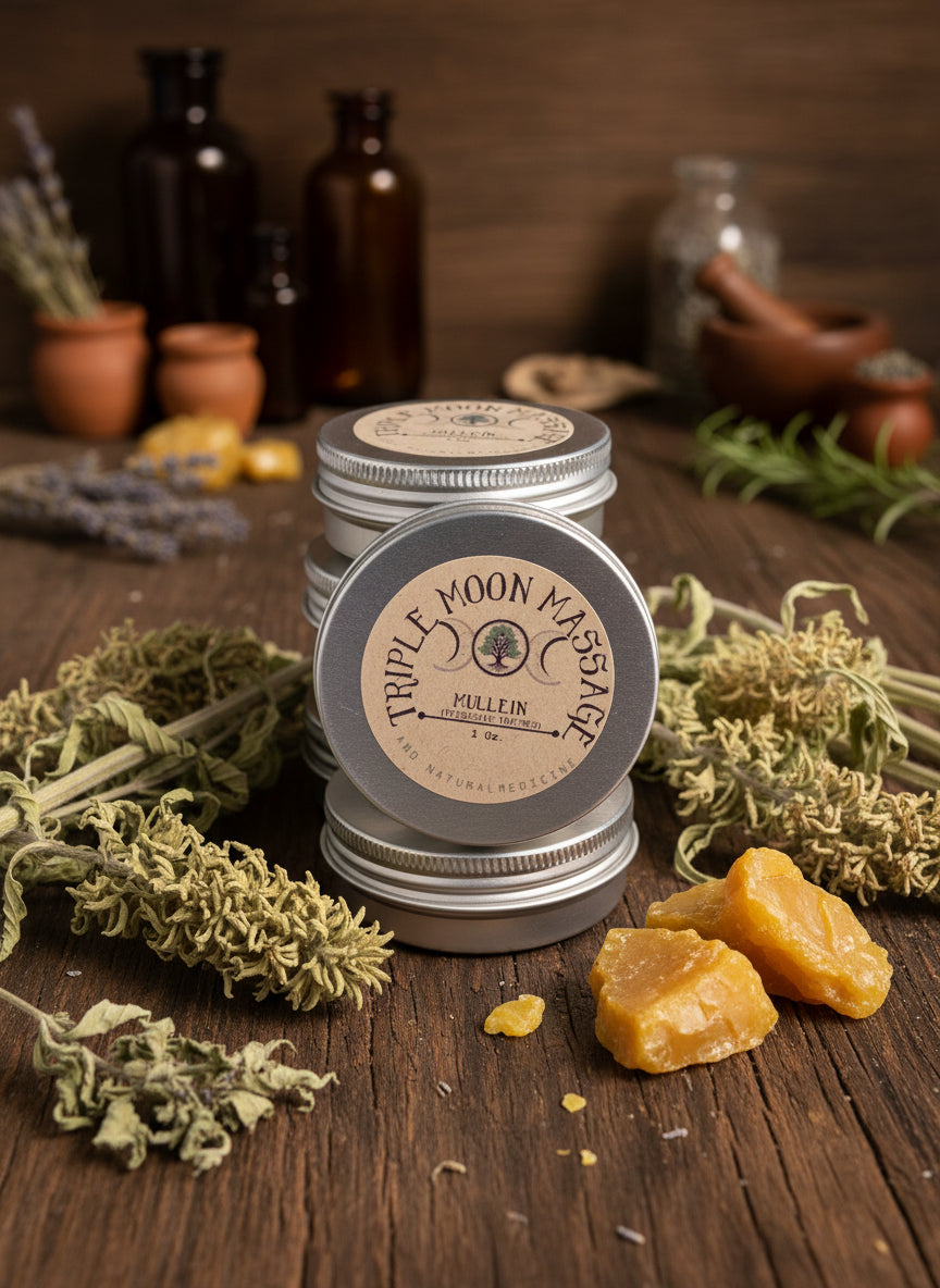 Silver tin with 'Triple Moon Massage' label on a green background