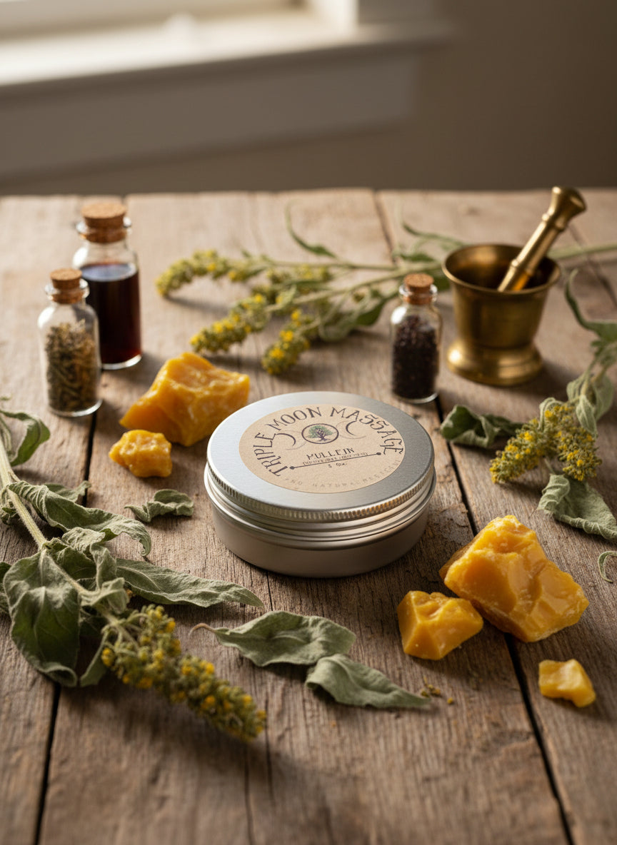 Metallic tin with 'Triple Moon Massage' label on a green background