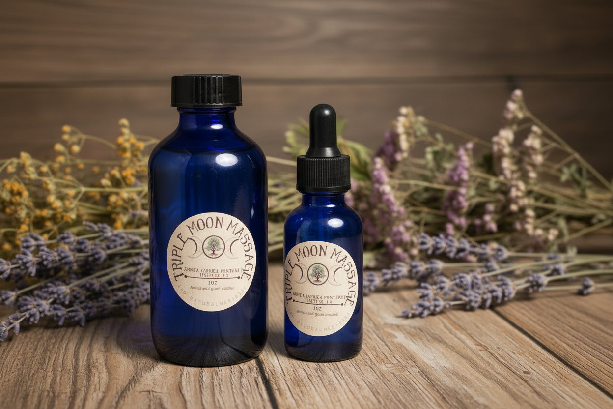 Two blue glass bottles with labels on a green background