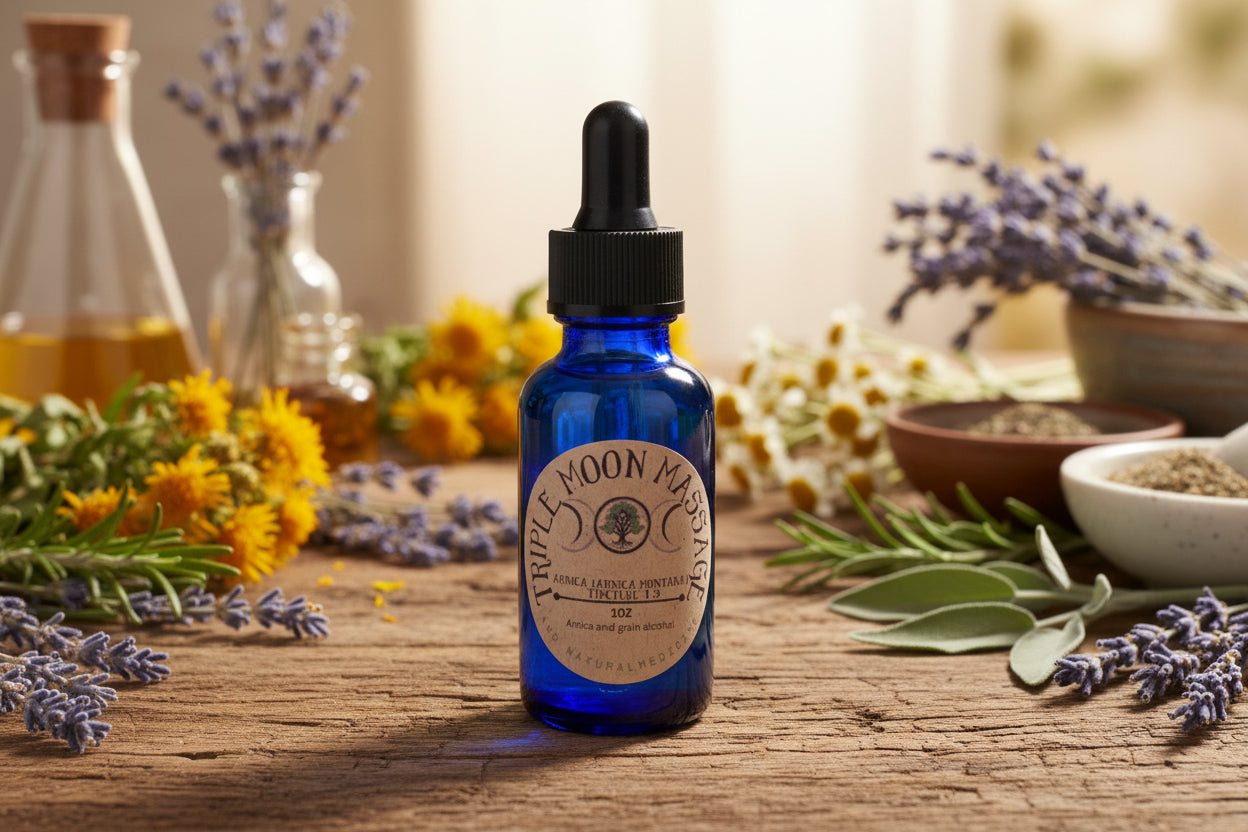 Blue bottle with a label on a green background