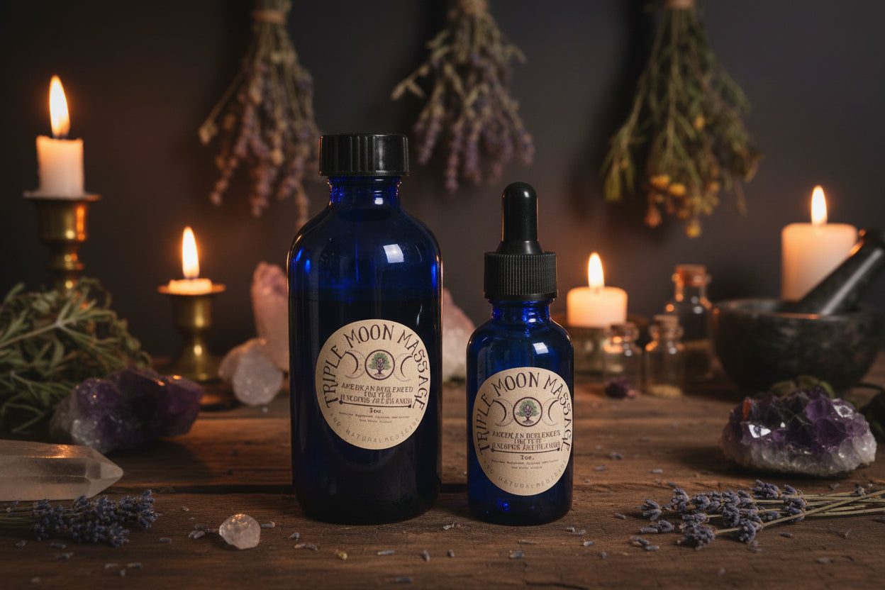 Two blue bottles with labels on a green background