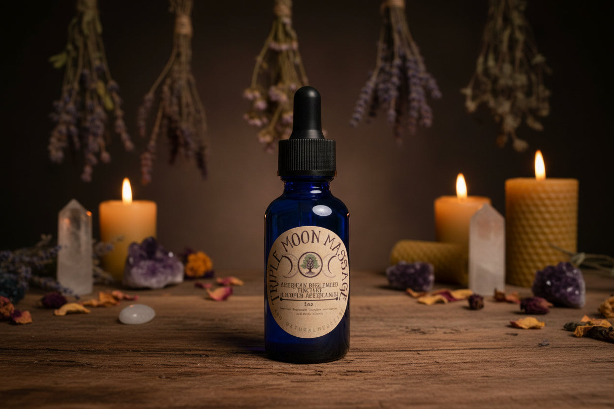 Blue massage oil bottle with a label on a green background