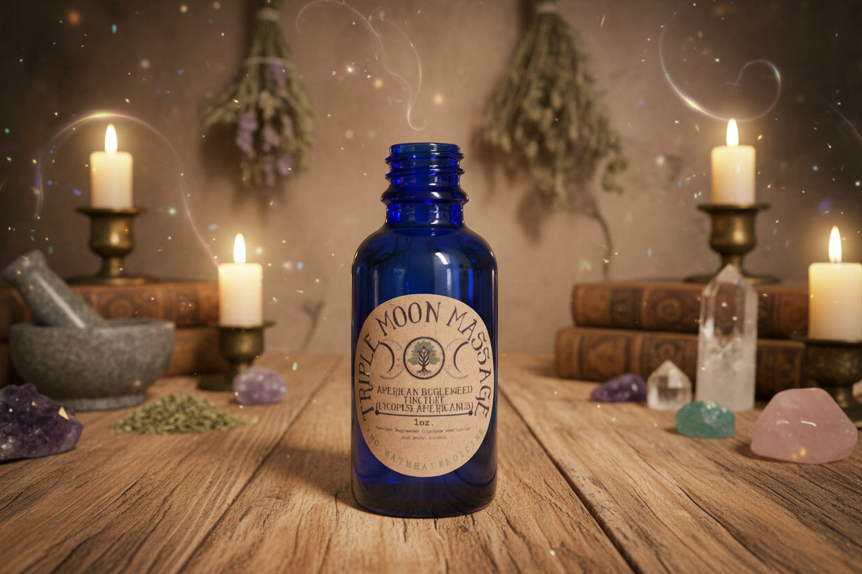 Bottle of Triple Moon Massage American Bugleweed Tincture with a label on a green background
