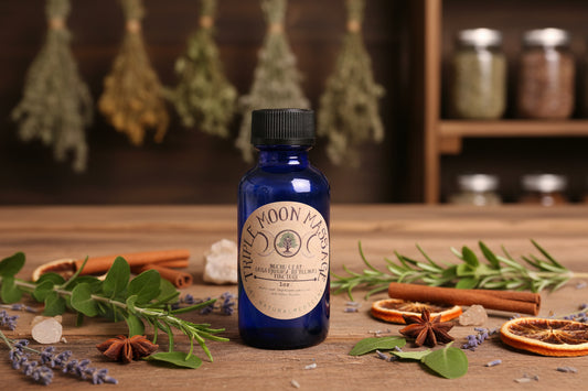 Blue bottle with a label on a green background