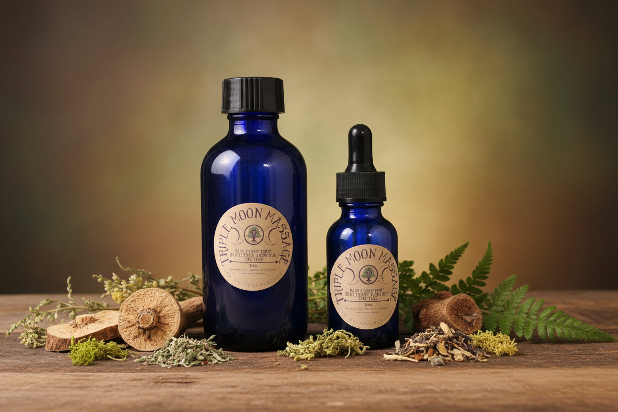 Two blue massage oil bottles with labels on a green background