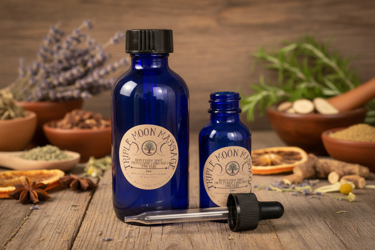 Two blue bottles with labels and a dropper on a green background