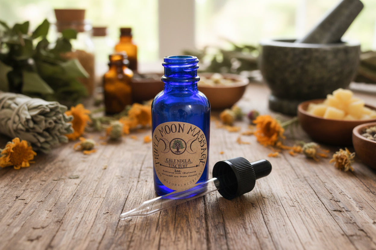 Blue glass bottle with dropper on a green background