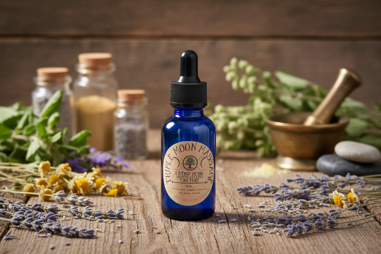 Blue bottle with a label on a green background