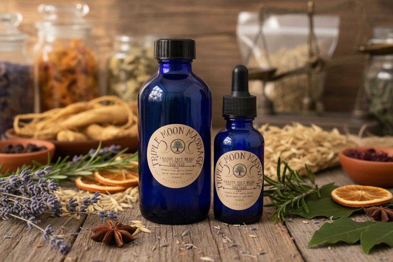 Two blue massage oil bottles with labels on a green background