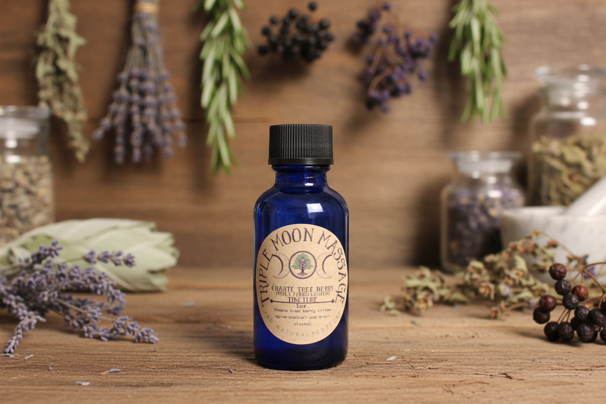 Blue bottle labeled 'Triple Moon Massage' on a green background