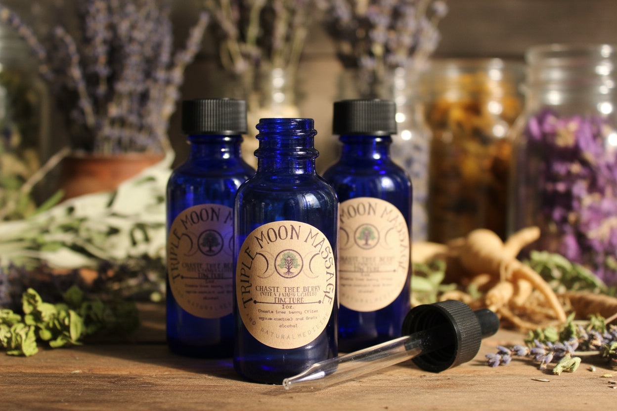 Blue massage oil bottle with a dropper on a green background