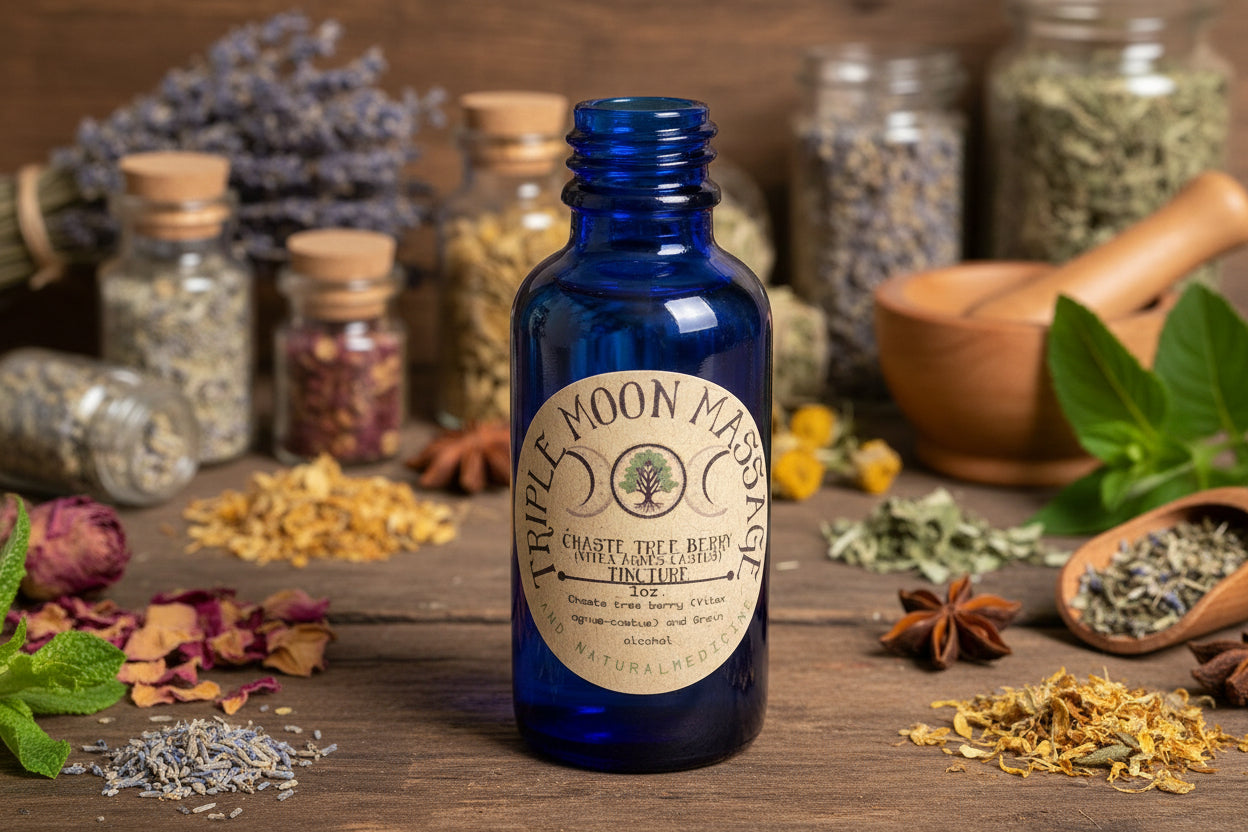 Bottle of Triple Moon Massage massage Tree Berry tincture with a label on a green background