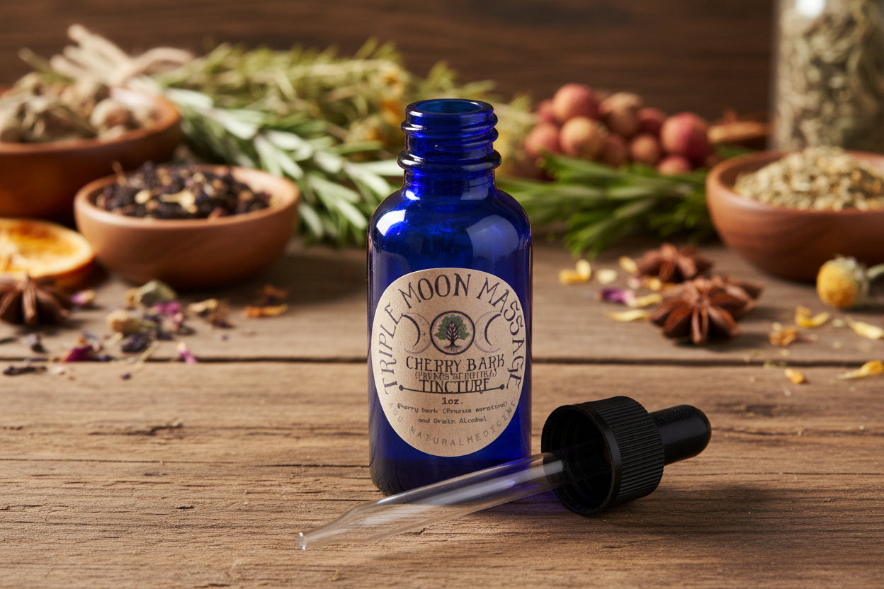 Blue glass bottle with dropper labeled 'Triple Moon Massage' on a green background