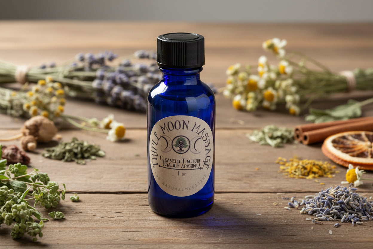 Blue massage oil bottle with a label on a green background