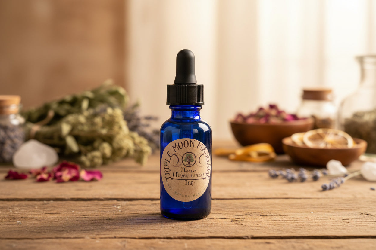 Blue dropper bottle with a label on a green background