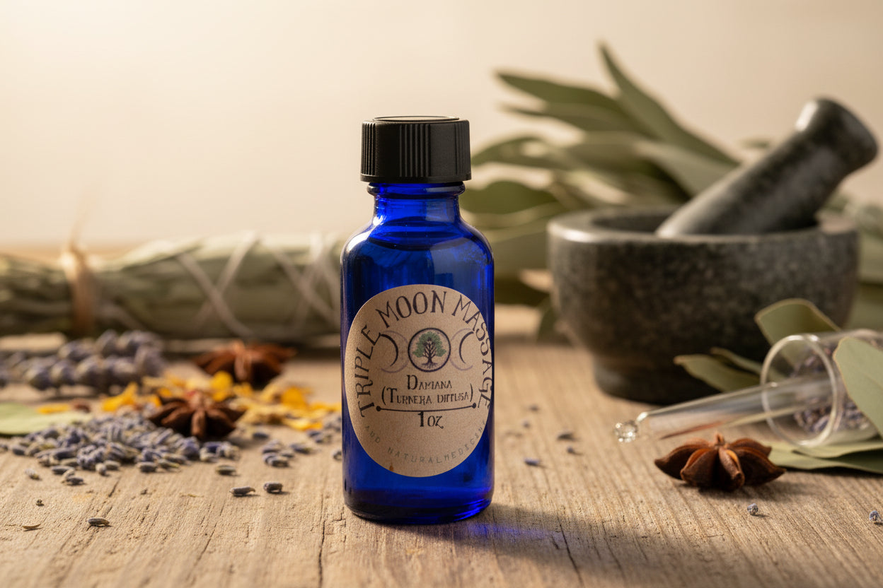 Blue bottle with a label on a green background