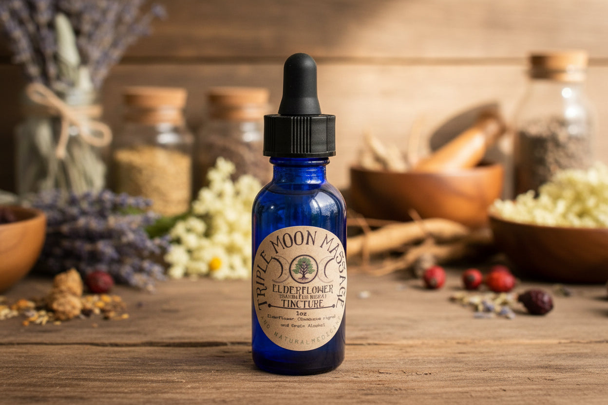 Blue bottle with a label on a green background