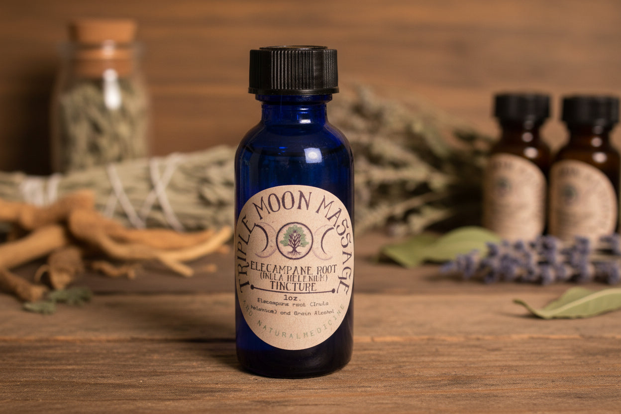 Blue bottle with a label on a green background