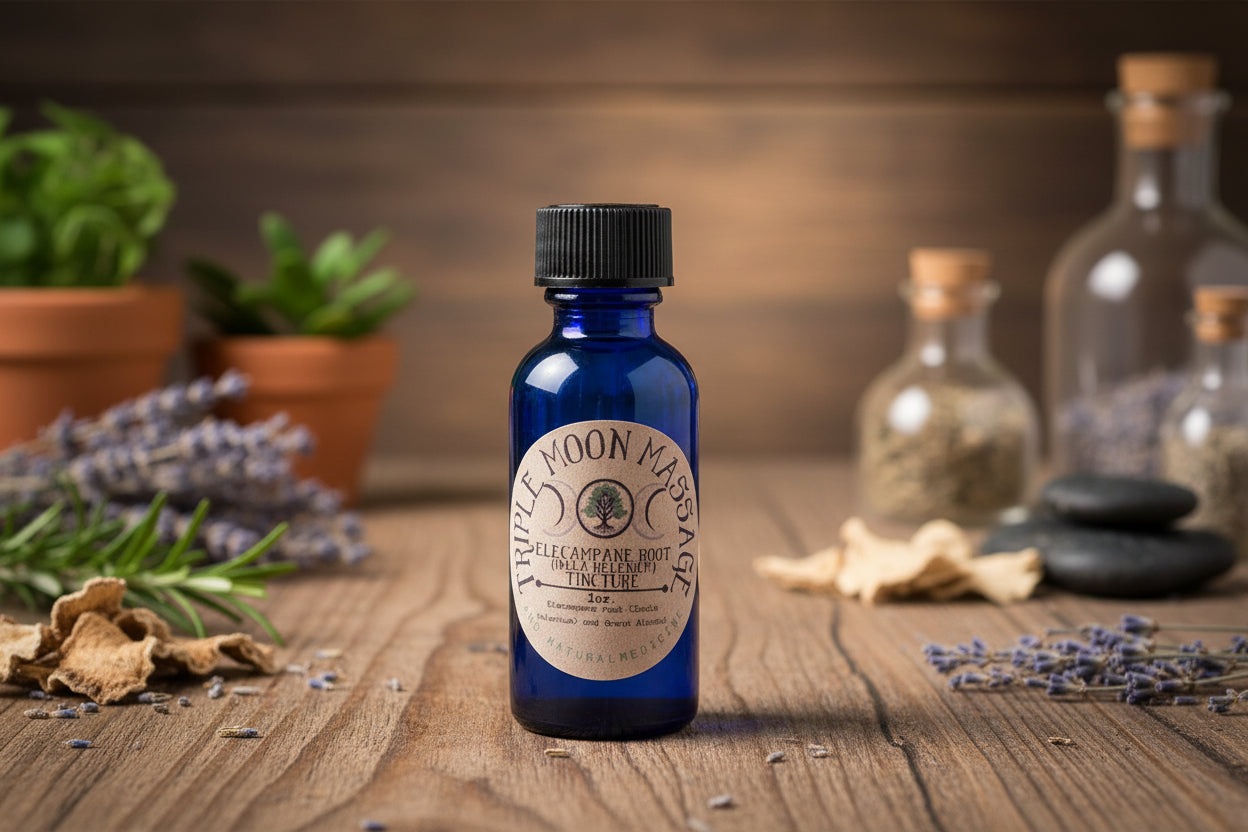 Blue bottle with a label on a green surface