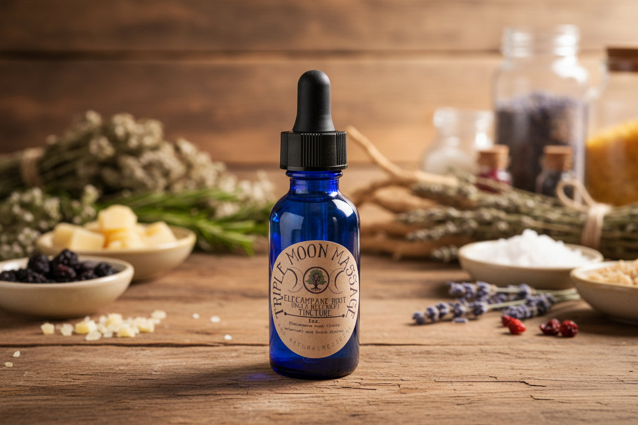 Blue bottle with a label on a green surface