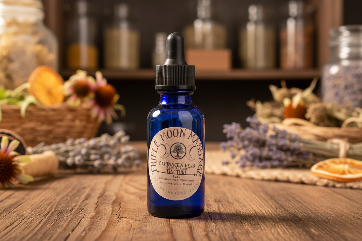 Blue bottle with a label on a green background