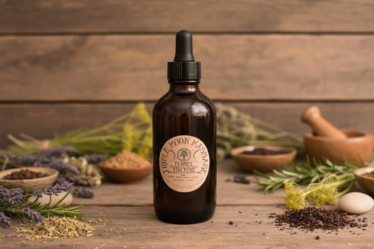 Dark glass bottle with a label on a green background