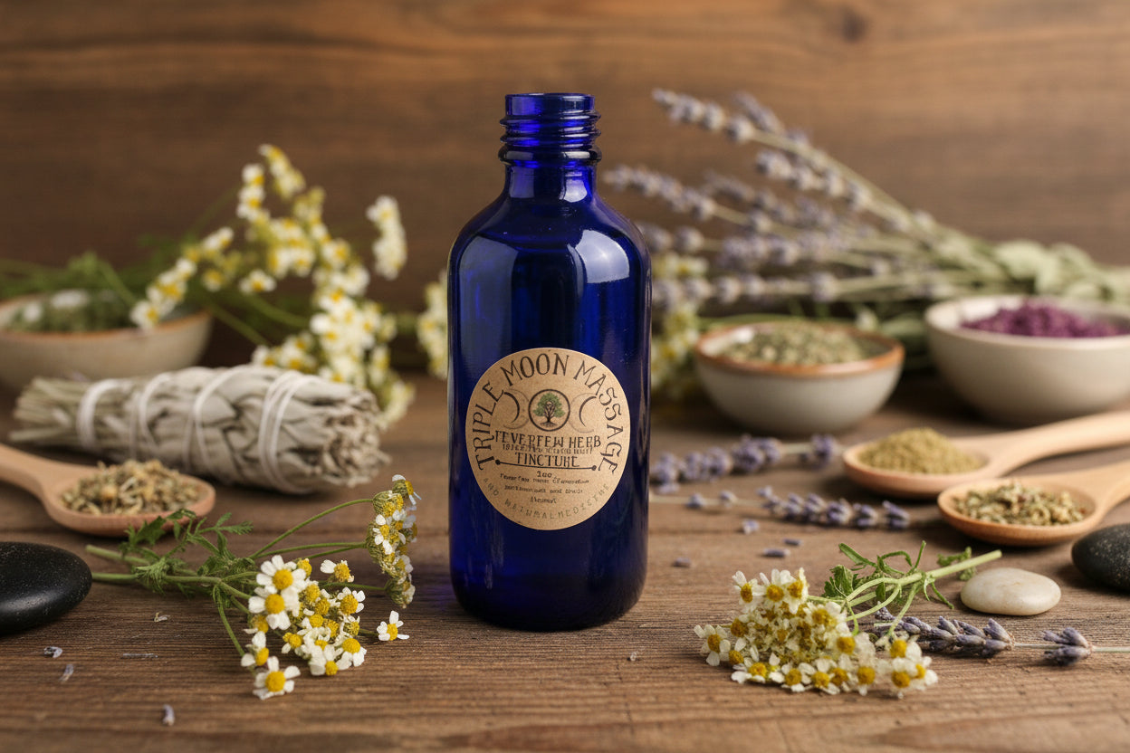 Blue bottle with a label on a green background