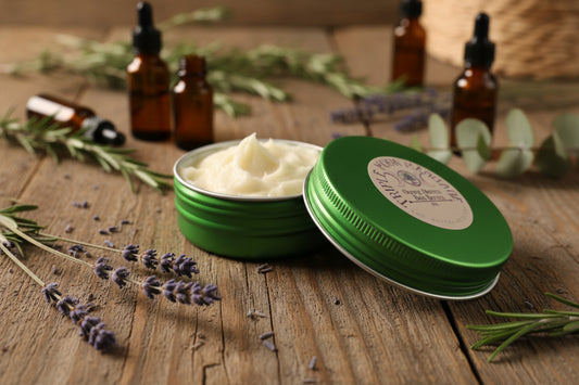 Green tin with a white cream-like substance on a beige surface