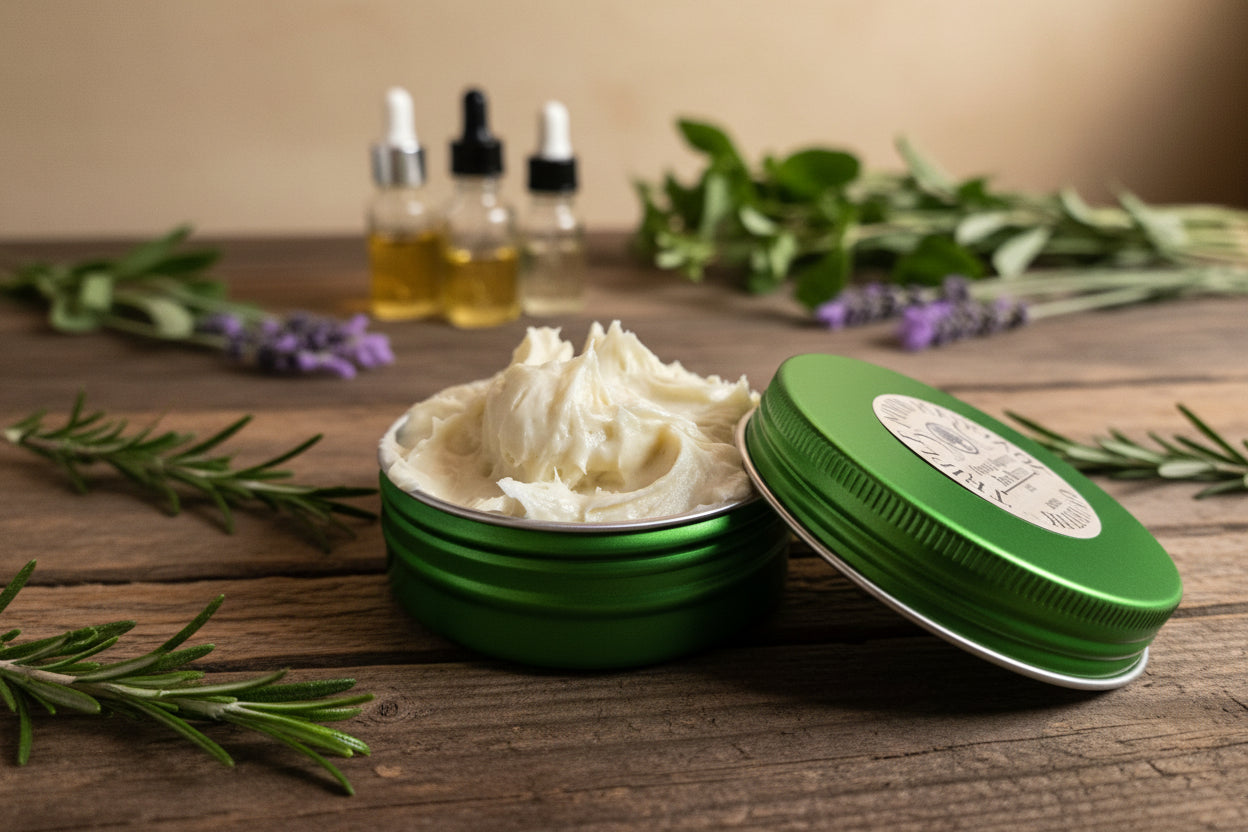 Green jar with whipped cream-like substance on a blurred background