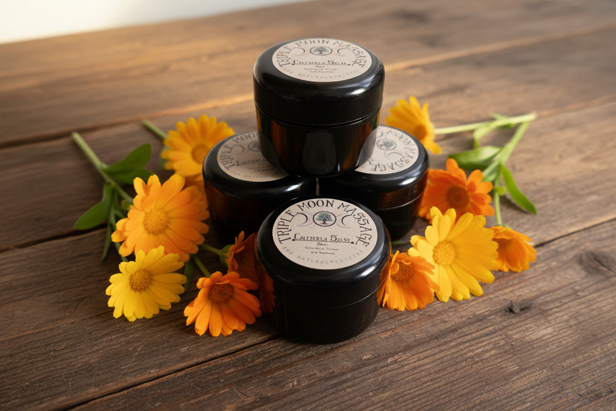 Four black plastic jars with labels on a light gray background