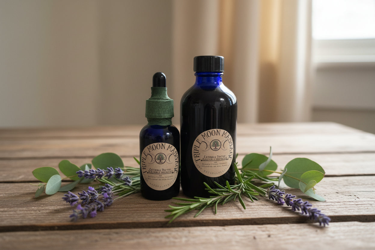 Two bottles with labels on a beige surface