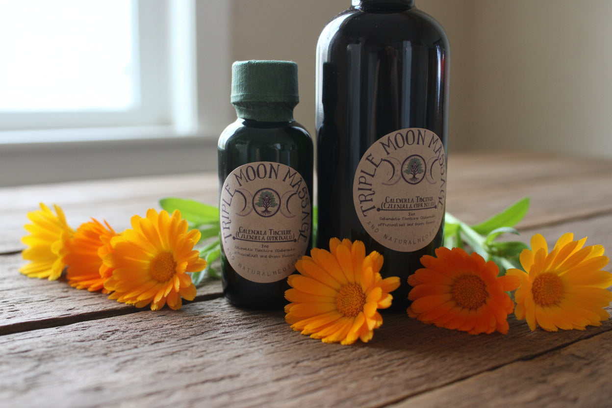 Two bottles of Triple Moon Medicine with labels on a neutral background
