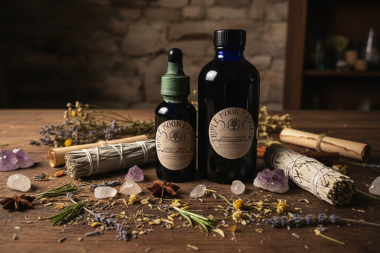 Two bottles of Triple Moon Project products on a neutral background